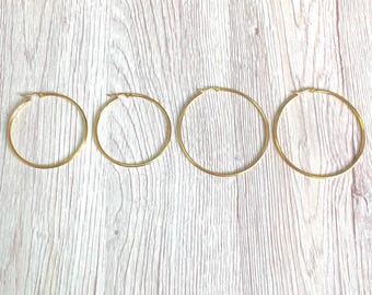 Handmade Titanium Gold Hoop Earrings, Hypoallergenic, Lightweight, waterproof, (50mm, 60mm)
