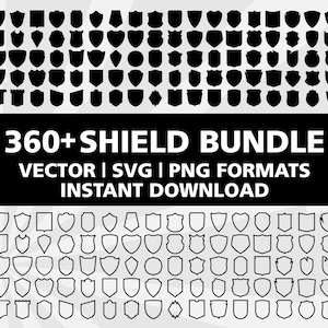 Könnte beinhalten: Eine digitale Grafik mit zahlreichen Schilddesigns in Schwarz und Weiß. Das Bild enthält massive und umrissene Schildformen. Der Text lautet "360+ SHIELD BUNDLE" mit Dateiformatdetails und "INSTANT DOWNLOAD".