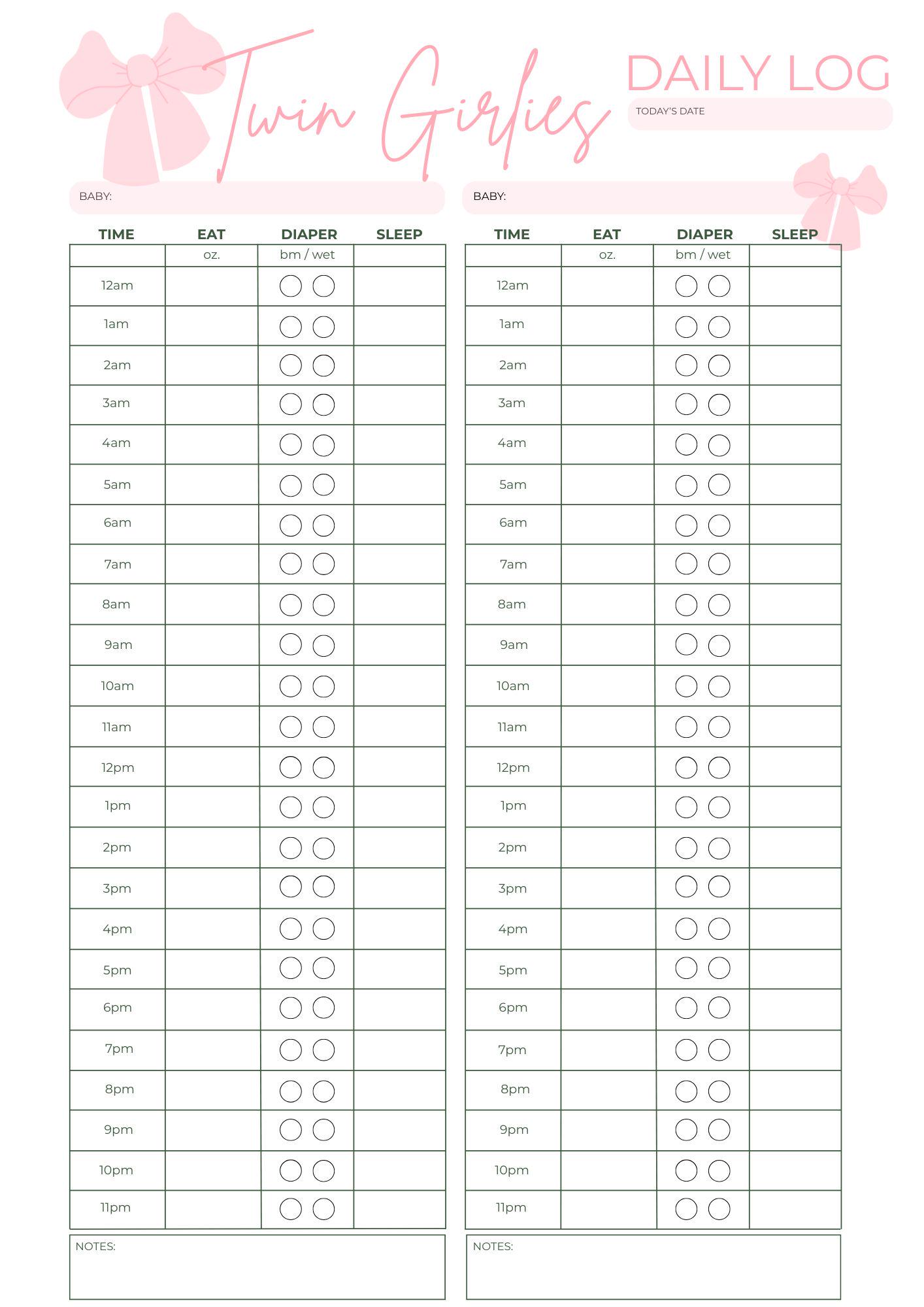 Twin Baby Daily Log | Printable Baby Log for Twins | Twin Baby Tracker ...