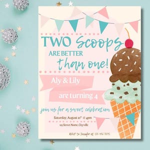 Ice Cream Twin Birthday Party Invitation, Two Scoops Better than One, Made to Order, Sweet Celebration