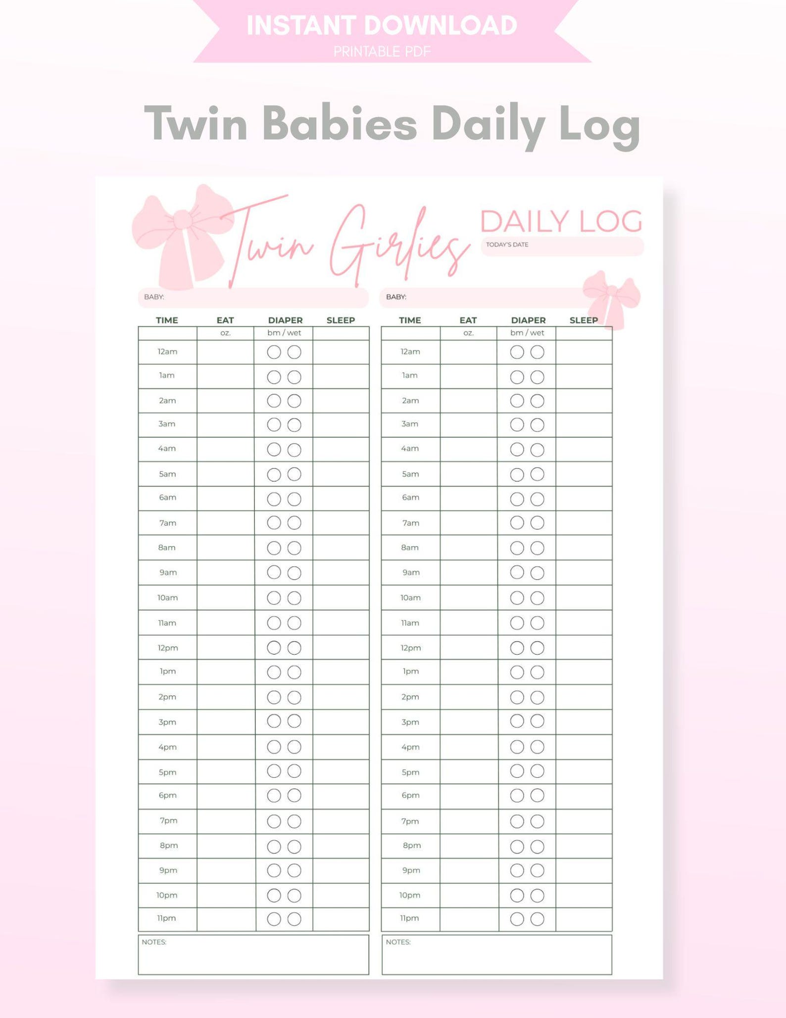 Twin Baby Daily Log | Printable Baby Log for Twins | Twin Baby Tracker ...