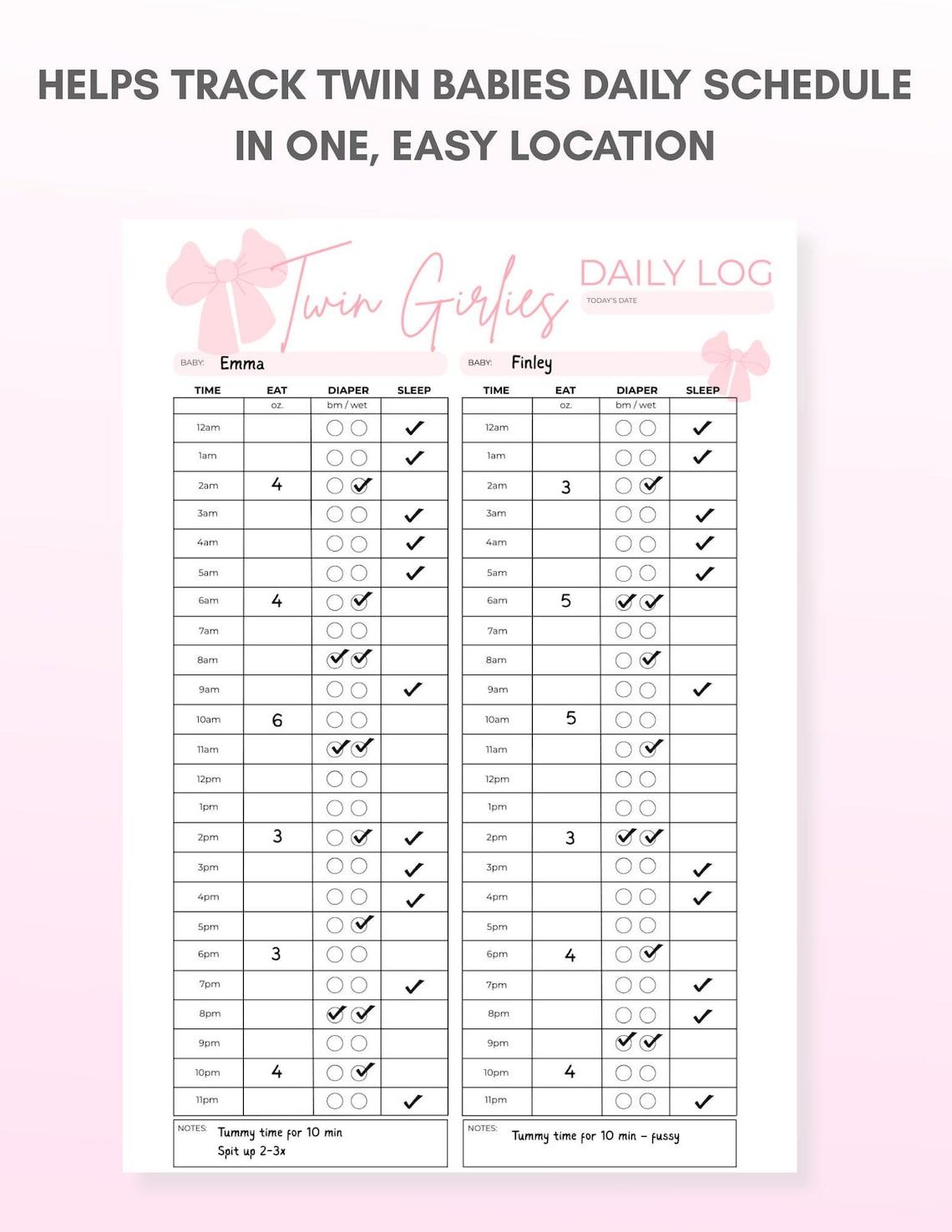 Twin Baby Daily Log | Printable Baby Log for Twins | Twin Baby Tracker ...