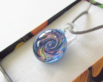 Sky Blue Background Spiral Necklace in Durable Pyrex on Satin Finished Cord