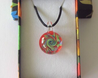 Red Orange Background Spiral Necklace in Durable Pyrex on Satin Finished Cord