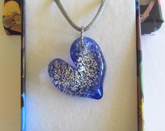 Heart Necklace Brilliant Blue, Durable Pyrex Glass on Satin Adjustable Cord