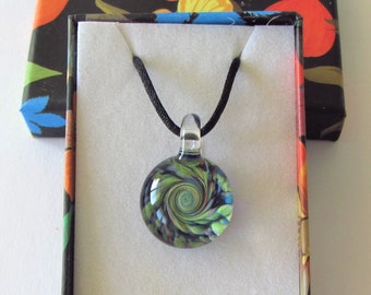 Cobalt Blue Background Spiral Necklace in Durable Pyrex on Satin Finished Cord
