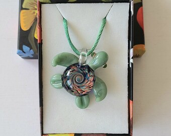 Dark Blue Glass Turtle Necklace, Rainbow Swirl and Spiral with Adjustable Cord