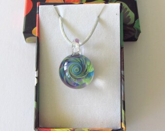 Iris Purple Background Spiral Necklace in Durable Pyrex on Satin Finished Cord