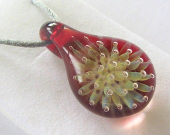 Anemone Glass Flower Pendant, Garnet Red, Gold & Silver Fumed