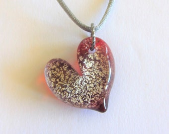 Heart Necklace Red Garnet, Durable Pyrex Glass on Satin Adjustable Cord