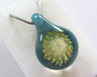 Teardrop Glass Pendant Necklace, Aqua Flower Implosion, Gold & Silver