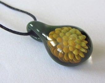 Teardrop Glass Pendant Necklace, Forest Green, 22K Gold & Silver, Adjustable Cord
