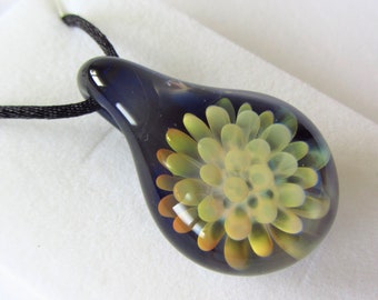 Glass Flower Pendant, Cobalt Blue, Gold & Silver Fumed, Adjustable Cord