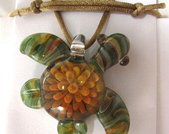 Ocean Turtle Glass Necklace with 22K Gold and Silver Implosion Inside. Forest Green