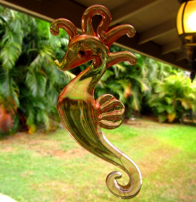 Island Seahorse for Hanging 22K Gold Mixed with Clear Sculpted Glass