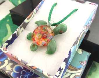 Pink Glass Turtle Necklace, Rainbow Swirl and Spiral with Adjustable Cord
