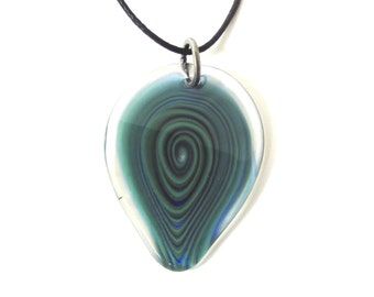 NECKLACE made out of one Original Glass Guitar Pick. Aqua, Green Spiral Center