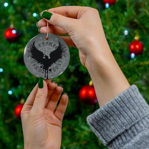 Runic Raven Ceramic Ornament, Viking Solstice Decoration, Winter Solstice Gift, Yule Tree Decor, Pagan Holiday Ornament, Christmas Tree