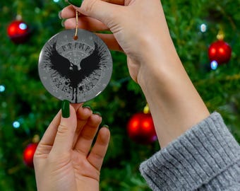 Runic Raven Ceramic Ornament, Viking Solstice Decoration, Winter Solstice Gift, Yule Tree Decor, Pagan Holiday Ornament, Christmas Tree
