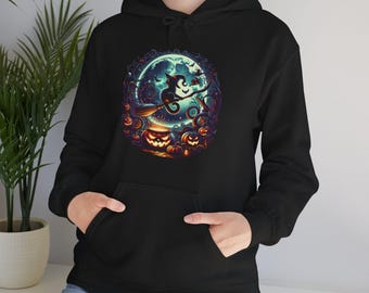 Samhain Cat Hoodie, Halloween Witchcraft Sweatshirt, Spiritual Gift, Witch Hooded Sweatshirt, Unisex Samhain Clothing, Halloween Cat Hoodie,