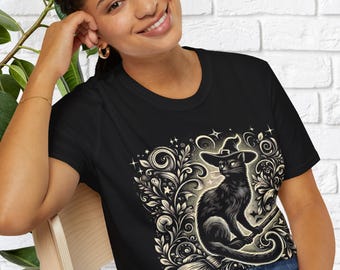 Black Cat Witch Unisex Softstyle T-Shirt, Witchcraft Halloween Samhain Spiritual Gift, Halloween Shirt, Witch Shirt, Pagan Clothing, Occult