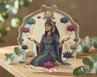 Pegatina de la diosa egipcia Isis / Loto, corona lunar, ilustración mística
