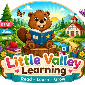 Peut inclure: Un graphique coloré montrant un castor brun lisant un livre bleu sur une souche d'arbre. L'image inclut une école nommée Little Valley Learning, des piles de livres, une pomme, des blocs alphabétiques et le texte Little Valley Learning.