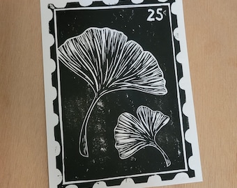 Ginkgo Lino-Cut Postal Stamp Print 5x7