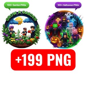Op de afbeelding: Digitale afbeeldingen met tuin- en Halloween-thema's. De tuinscène bevat de tekst "Grow a Garden" en het Roblox-logo. De Halloween-scène bevat verschillende enge personages. De afbeelding bevat ook de tekst "+199 PNG".