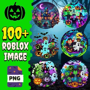 Op de afbeelding: Een digitale afbeelding met Halloween-thema Roblox-personages en -scènes. De afbeelding bevat een pompoen, een spookhuis, geesten en de tekst "100+ Roblox Image" en "PNG". Het kleurenpalet omvat oranje, groen, paars en zwart.