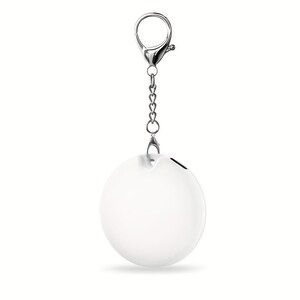 May include: A smooth, circular white plastic keychain featuring a silver-toned metal lobster clasp and a short chain link connector. The object has a small, dark rectangular opening on its upper right edge and a central attachment point at the top.