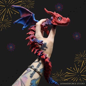 4th of July Dragon Special Release Firework Inspired Eyes Patriotic Articulated Dragon Red and Blue 15 Inch Collectible Shelf Decor