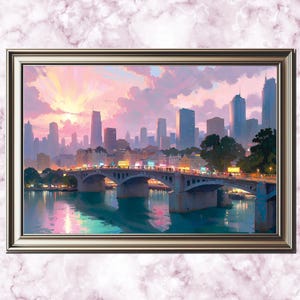 City Bridge Watercolor Painting, Printable Digital Art, Evening Cityscape, Instant Download, Wall Art Decor, Home Decor Prints, Vibrant City