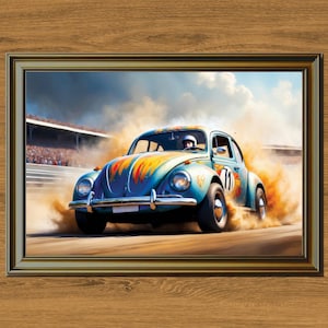 VW Käfer Rennauto Druck, Vintage Auto Kunst, Oldtimer Illustration, druckbare Wandkunst, digitaler Download, Sofort Download, Rennsport Kunst,