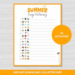 Summer Activities Emoji Pictionary, Printable Game for Kids, Teens & Adults, Family Game, Summer Party, Seasonal Fun, Instant Download, PDF
