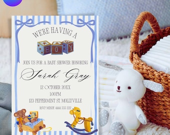 Vintage Toys babyshoweruitnodiging: hobbelpaard, teddybeer (afdrukbare sjabloon)