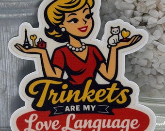 Pegatina "Los adornos son mi lenguaje del amor", pegatina retro de inspiración vintage para chicas, pegatina de vinilo de colección adorable, regalo para amantes de los adornos.