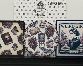 Paquete de pegatinas de chicas raras (3 pegatinas) / Pegatinas con estética gótica intelectual / Pegatinas de vinilo estilo cottagecore oscuro / Pegatinas impermeables para portátil
