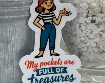 Pegatina "Mis bolsillos están llenos de tesoros", pegatina de vinilo con un bonito estilo vintage, pegatina para chicas nostálgicas, pegatina para amantes de las baratijas, pegatina para diario.