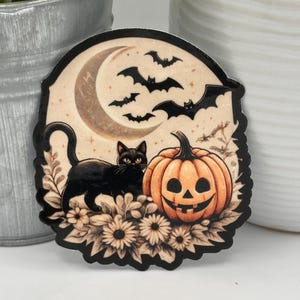 Vintage Halloween Cat Sticker – Gothic Floral Pumpkin & Moon | Black Cat Vinyl Sticker with Bats | Fall and Halloween Aesthetic Decor