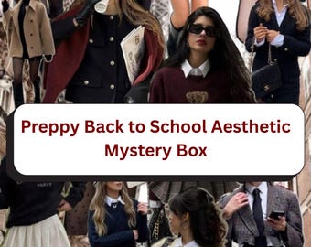 Preppy tillbaka till skolan estetik kurerad låda med mystiska damkläder och accessoarer
