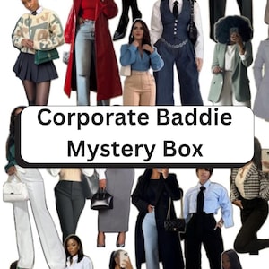 Könnte beinhalten: Eine Collage verschiedener Outfits, darunter Blazer, Hosen, Röcke und Mäntel. Das Bild zeigt eine Vielzahl von Farben und Stilen, mit dem Text "Corporate Baddie Mystery Box" in einem weißen Feld in der Mitte.