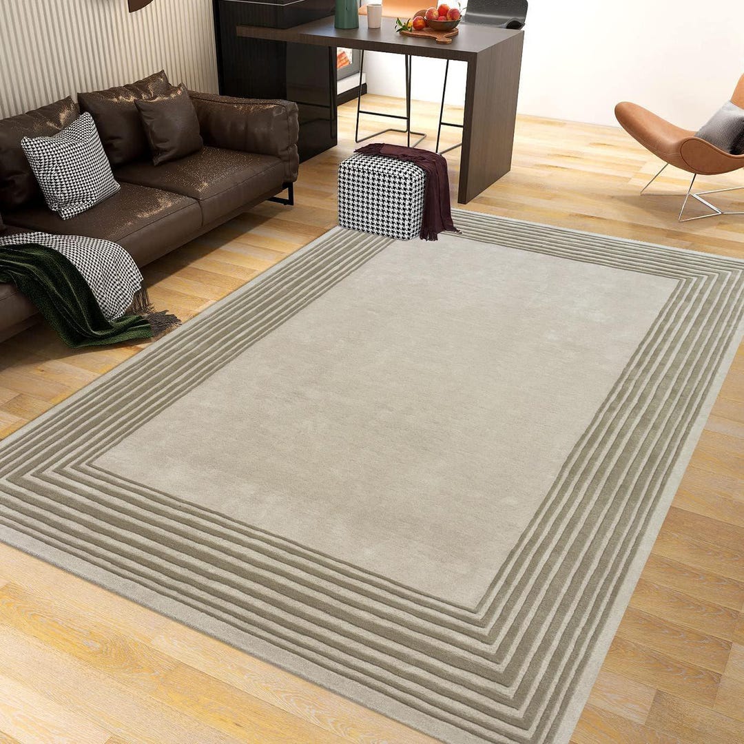 Geometric Border Rug Design Modern Geometric Line Border Rug | Hand Tufted Ivory & Gold Wool Carpet ...