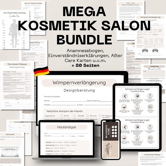 Komplettpaket Kosmetikstudio Vorlagen | Anamnesebogen, Einverständniserklärung, Pflegehinweise etc.| ü 80 Seiten Editierbar