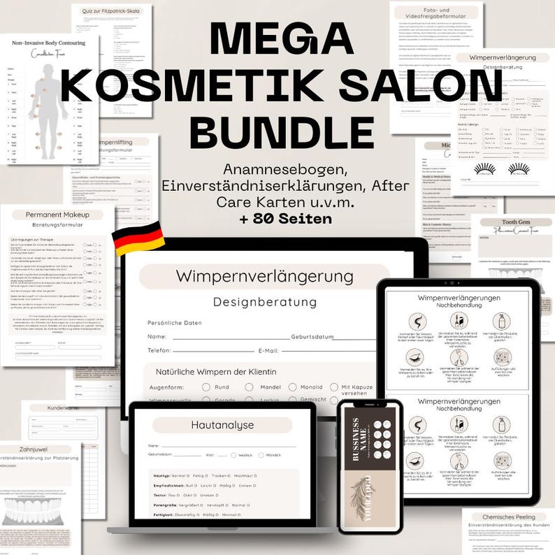 May include: A digital bundle for a cosmetic salon, featuring forms for non-invasive body contouring, permanent makeup, and eyelash extensions. The bundle includes consultation forms, aftercare instructions, and more. The text on the image says "MEGA KOSMETIK SALON BUNDLE".