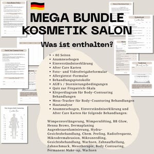 May include: A bundle of cosmetic salon forms and documents, including consent forms, aftercare instructions, and treatment protocols. The image features the text "MEGA BUNDLE KOSMETIK SALON" and a German flag.