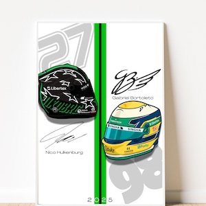 Sauber F1 2025 Helmet Poster – Gabriel Bortoleto & Nico Hülkenberg | Stake Sauber Print | Formula 1 Wall Art | F1 Team Helmet Series
