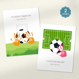 Cadeau empreinte de main pour la fête des pères de football Je suis le plus grand fan de papa J'ai obtenu le meilleur papa Carte imprimable PDF souvenir pour enfants Artisanat d'art à faire soi-même