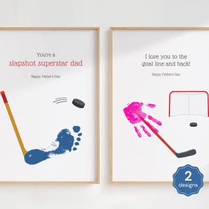 Cadeau empreinte de main pour la fête des pères dans le monde du hockey Carte souvenir papa superstar sur la ligne de but et dans le dos au format PDF imprimable pour les enfants