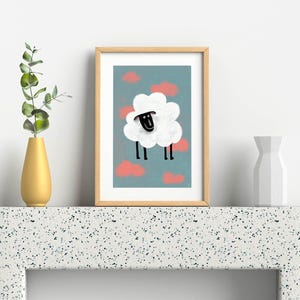 Lámina de arte de pared para niños pequeños / Estampado de animales pastel 21 x 30 y 30 x 40 cm / Animales lindos / Decoración infantil / Póster de oveja azul bebé / Arte de pared para habitación infantil